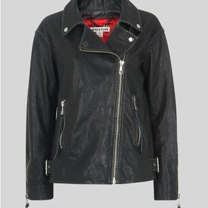 Whistles Lily Easy Tumbled Black Leather Jacket with Red Lining (UK 12 = US 8)